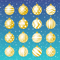 Vector christmas ball set gold realistic style with different pattern isolated on snow holiday background. 10 eps