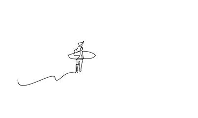 a young handsome man is waiting on the beach with a surfboard in hand and looking across