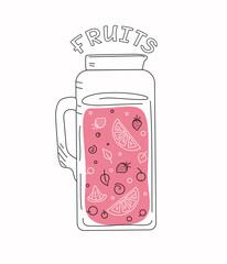 Pitcher with fruit drink  in doodle style. Fruit juice with lemons, berries, oranges. Vector illustration.