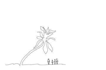 happy family and kids vacation concept walking under palm tropical tree on the beach