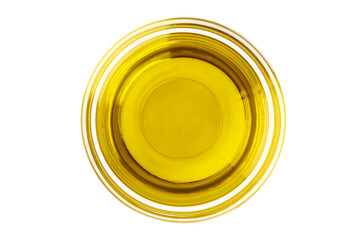 Bowl of fresh extra virgin olive oil, isolated on white background.