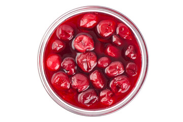 Cherry in bowl, ingredients for sauce, isolated on white background.