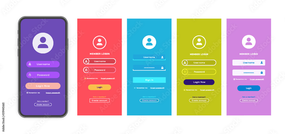 Sticker login form page vector set with trendy flat color background for app development, smartphone mockups