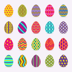 Eggs collection with different pattern colorful style isolated on background for greeting card, promotion, party poster, tag, decoration, banner sale, stamp, label, special offer. Vector Illustration