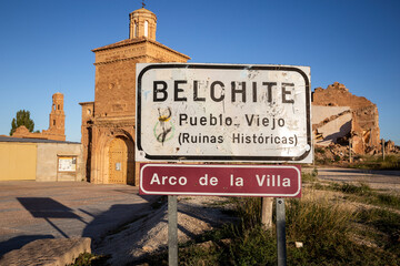 Fototapeta na wymiar village entry sign at the old town of Belchite (Belchit), Campo de Belchite, province of Zaragoza, Aragon, Spain