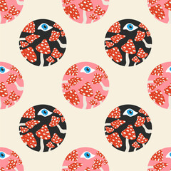 Fly agaric red mushroom and blue eye in a circle, seamless pattern. Vector hand drawn doodle cartoon illustration design.