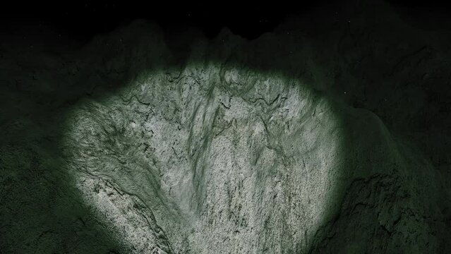 Discovering a trench in the sea bed with a spot light. Submarine view of the bottom of the ocean underwater. Ocean floor animation.