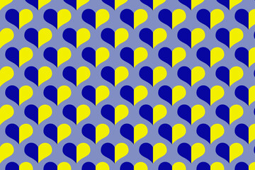 Seamless pattern of national traditional blue and yellow colour ukrainian symbols of flag in heart shape on blue background.glory,peace to Ukraine