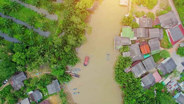 An aerial view over a fishing village by a canal in the countryside in Chumphon Province, Thailand. Crab trapping in the canal. canoe. Palm and coconut groves. 4k
