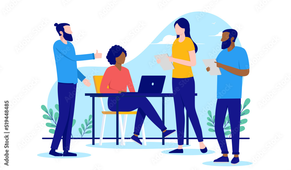 Poster Diverse team of people - Group of characters with different ethnicities working together at workplace. Flat design vector illustration with white background