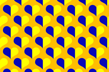 Seamless pattern of national traditional blue and yellow colour ukrainian symbols of flag in heart shape on orange background.glory,peace to Ukraine
