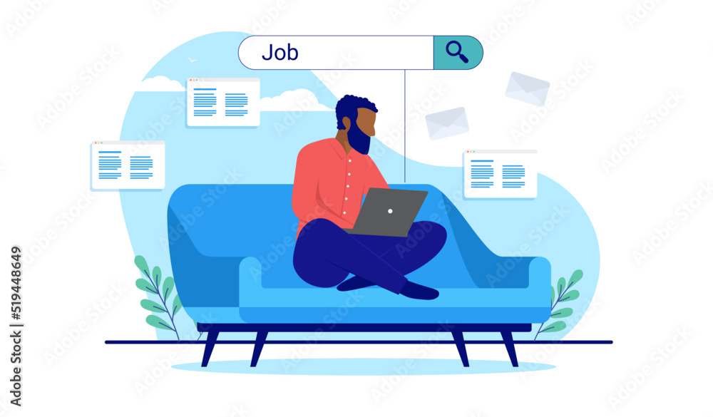 Poster ethnic man job search - black person sitting in couch searching for work at home on laptop computer.
