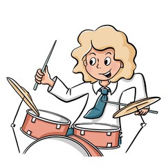 Energy girl in school uniform with drums. Subject collection - music. School supplies. Back to school. Set of cute illustration for product design in cartoon style