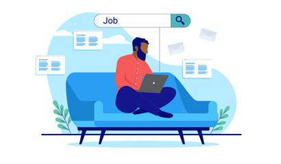 Ethnic man job search - Black person sitting in couch searching for work at home on laptop computer. Flat design vector illustration with white background
