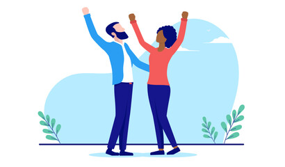 Happy interracial couple - Caucasian man and black woman celebrating standing with hands in air. Flat design vector illustration with white background