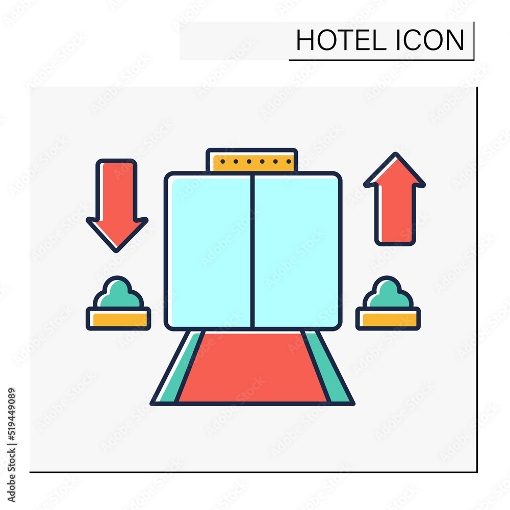 Poster elevator color icon. mechanized platform for raising and lowering people to different levels. comfor