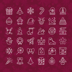 Merry Christmas line icons set white color thin style isolated on snow red background for your decoration and app design project. Merry Christmas Happy New Year. Happy Holiday. Vector Illustration