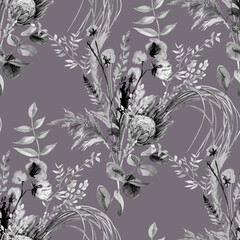 Seamless black and white pattern with tropical dry flowers in boho style painted in watercolor for women is summer textile summer dresses and surface design
