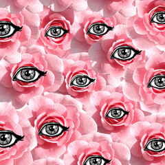Contemporary art collage. Surreal flowers eye and roses. Spring Woman concept. 
