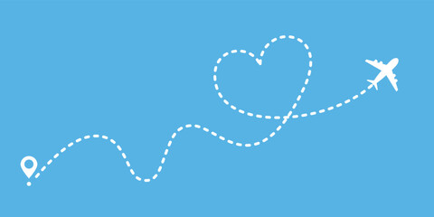 Airplane routes travel with heart shape vector icon isolated on blue background