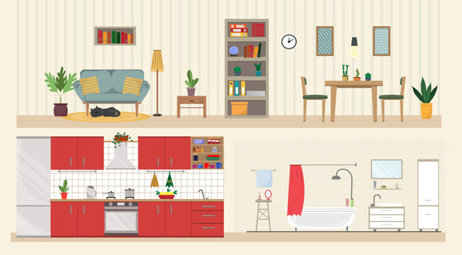 Home interior with kitchen, dining room, living room, bathroom, home interior design, domestic cozy house, flat vector illustration