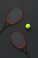 Tennis Racket with Tennis Ball on a black background. Top view. 3d Rendering Illustration