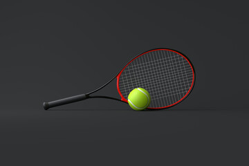 Tennis Racket with Tennis Ball on a black background. Front view. 3d Rendering Illustration
