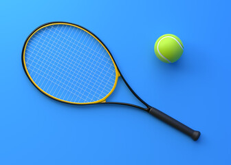 Tennis Racket with Tennis Ball on a blue background. Top view. 3d Rendering Illustration