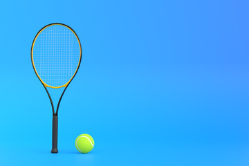 Tennis Racket with Tennis Ball on a blue background. Front view. 3d Rendering Illustration