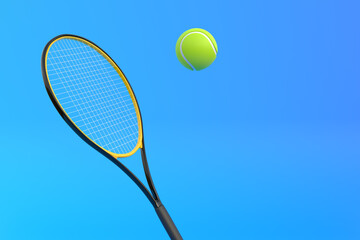 Tennis Racket with Tennis Ball on a blue background. Front view. 3d Rendering Illustration