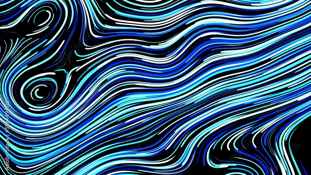 Poster 3d render. abstract creative background with curled lines like blue trails on surface. lines form sw