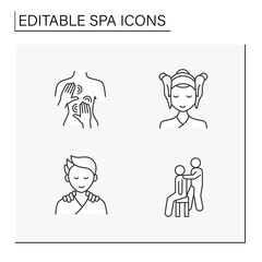 Spa line icons set. Delicate beauty procedures. Body massage and aromatherapy. Face lifting, anti-ageing massage. Health care. Cosmetology concept. Isolated vector illustrations. Editable stroke
