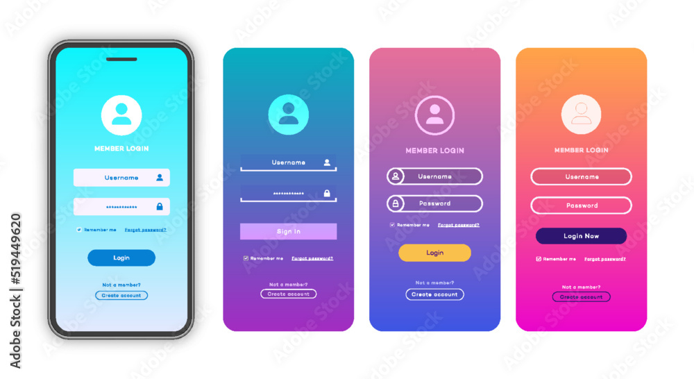 Sticker vector login form page template set on trendy gradient background for app development, smartphone mo