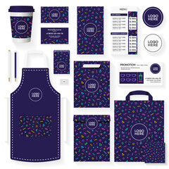 Coffee house corporate identity template design set with color memphis geometric pattern. Restaurant cafe set card, flyer, menu, package, uniform design set. Vector Illustration