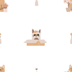 Cute  seamless pattern with hand drawn different cat in the box. Pattern for printing on fabric, clothing, wrapping paper, wallpaper for a kid's room, baby things