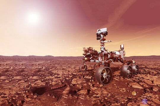 Mars rover on the surface of the planet Mars. Elements of this image furnished by NASA