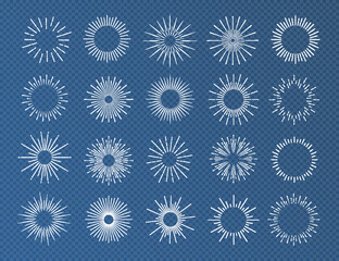 Sunburst set white color isolated on transparent background for decoration, logo, emblem, tag, badge. Star, firework explosion, rays of light collection. Vector Illustration 10 eps