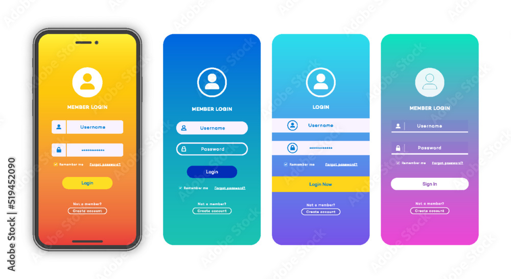 Wall mural login form page template set on gradient background for app development, smartphone mockups, website