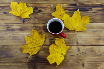 Cup of coffee and autumn maple leaves on wooden table. Top view. Autumn concept