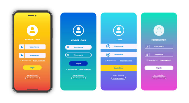 Login form page template set on gradient background for app development, smartphone mockups, website ui elements, online login form, registration, user profile, access to account. Vector 10 eps