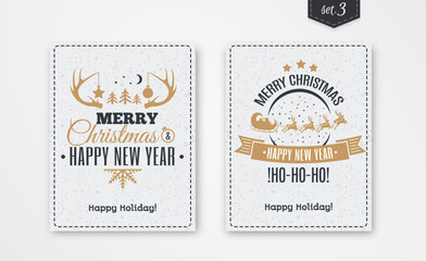 Christmas greeting card set with emblem gold style consisting sign Merry Christmas with santa and deer, tree, horn on white snow holiday background. Vector Illustration