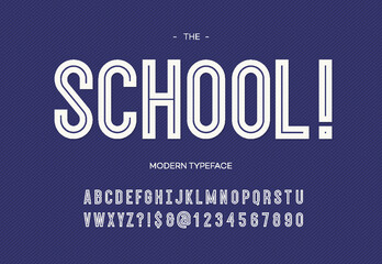 School modern font. Alphabet trendy typography bold style white color for party poster, printing on fabric, t shirt, promotion, decoration, stamp, label, special offer. Cool typeface. 10 eps