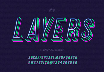 Vector bold line layers alphabet trendy typography sans serif 3d style for concept, book, promotion, poster, decoration, t shirt, sale banner, printing on fabric. Cool font. Modern typeface. 10 eps