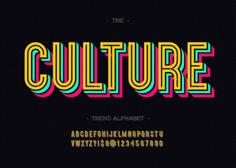 Vector bold culture font trendy typography color style for decoration, logo, party poster, t shirt, book, greeting card, sale banner, printing on fabric. Cool 3d typeface. Modern alphabet. 10 eps