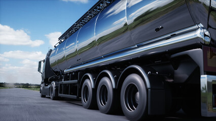 Generic 3d model of gasoline truck very fast driving on highway. Gas, oil concept. 3d rendering.