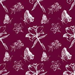 Pattern con fiori e farfalle bianche su sfondo lilla