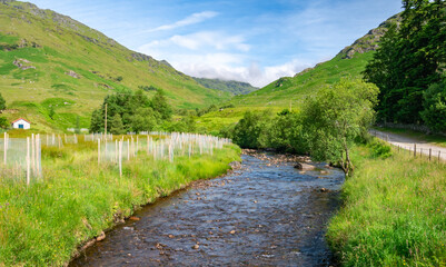 Fototapeta na wymiar River running through a valley in a beautiful lush green summer mountainous landscape in the Scottish Trossachs National Park.