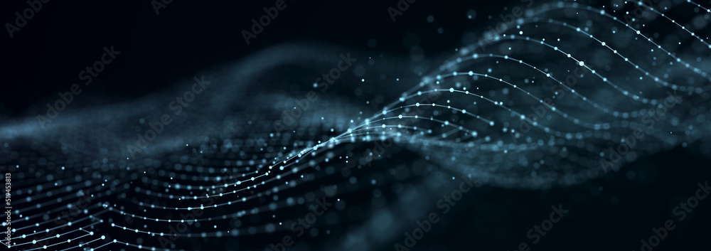 Poster a wave of dots and lines of network connection. technological background. 3d rendering.