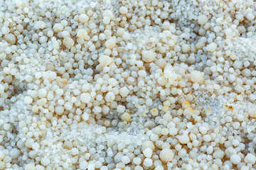 Background of salts crystals from the Dead Sea, round cubes, closeup. Selective focus, shallow depth of field. Macro of white crystals, rock sea salt. Crystallised Sea-salt, Ein Bokek beach. Salt lake