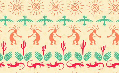 Kokopelli with flute, pangolin, hawk, sun symbol, hands and plant tribal vector seamless pattern.